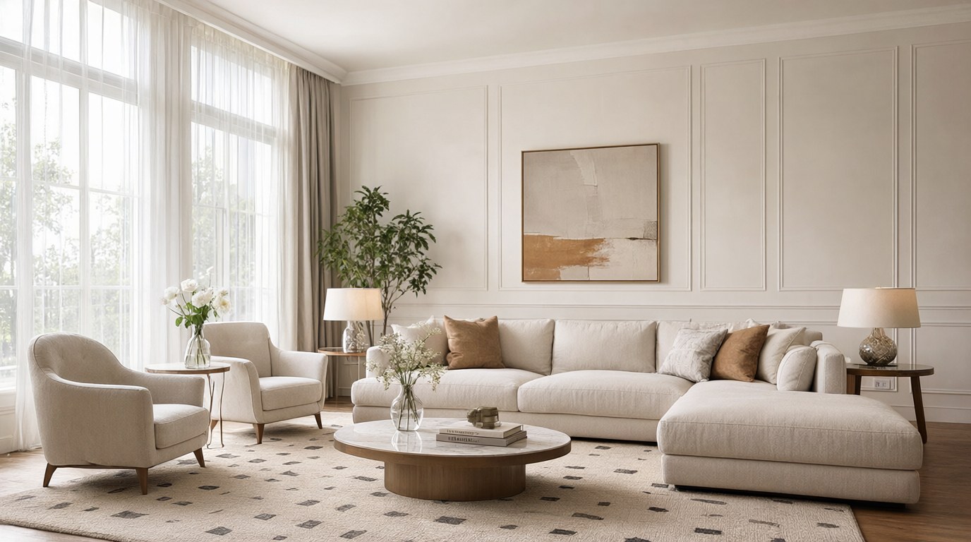 Ảnh AI chỉnh sửa: Chuyển ngôi nhà sang phong tân cổ điển. A spacious well-lit room with soft natural daylight, refined color palette, premi | V.AI STUDIO