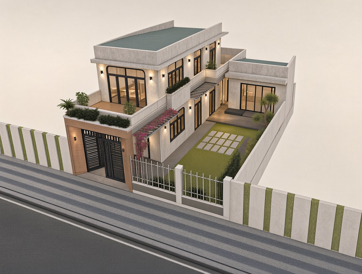 Ảnh AI chỉnh sửa: Cho ngôi nhà nằm trên mảnh đất thực tế, phong cách realistic. phòng rộng rãi thoáng sáng với ánh sáng tự nhiên dịu nhẹ, b | V.AI STUDIO