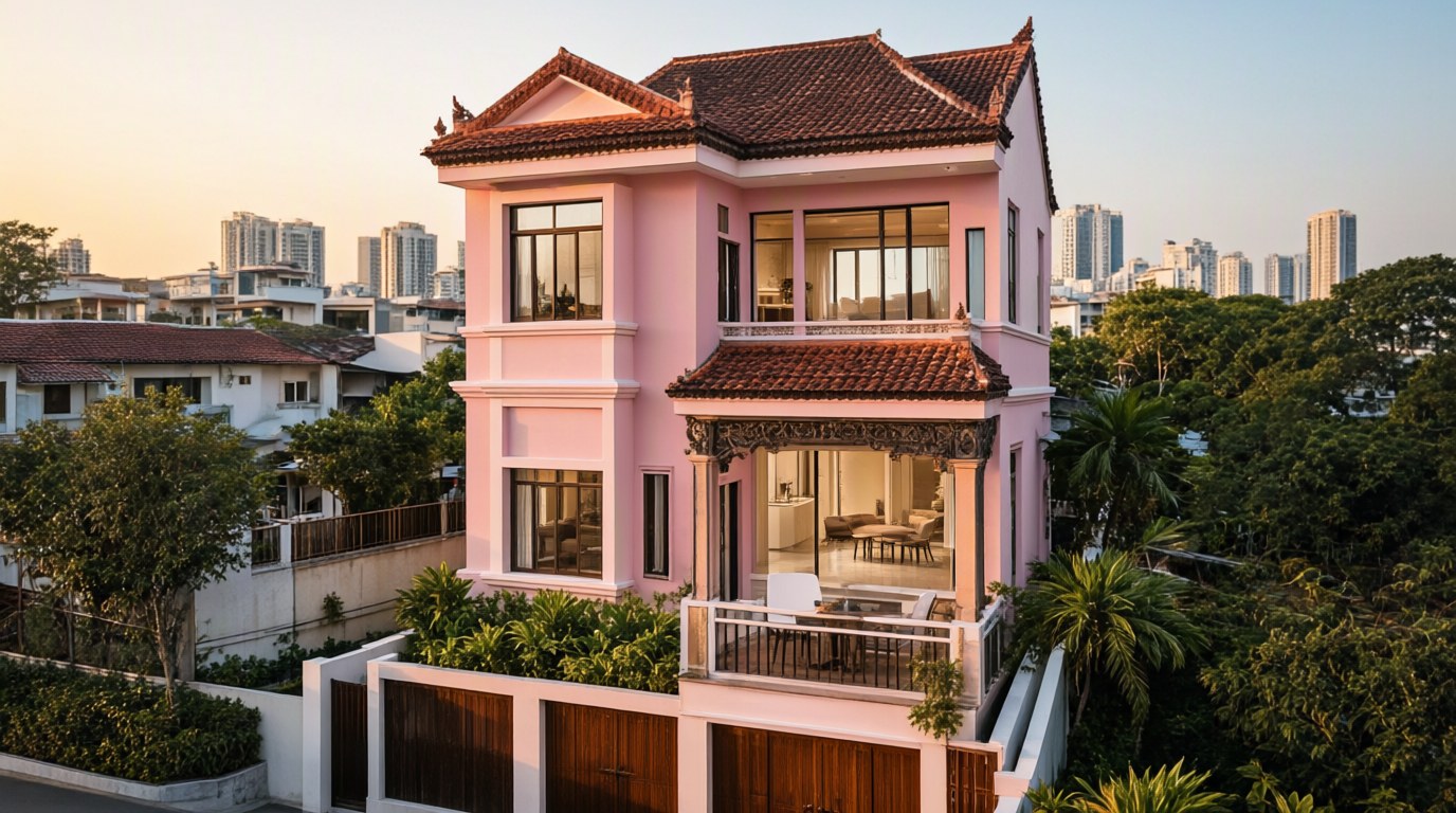 Ảnh AI chỉnh sửa: Chuyển ngôi nhà sang màu hồng, mái Thái. phòng rộng rãi thoáng sáng với ánh sáng tự nhiên dịu nhẹ, bảng màu tinh tế ấm áp | V.AI STUDIO
