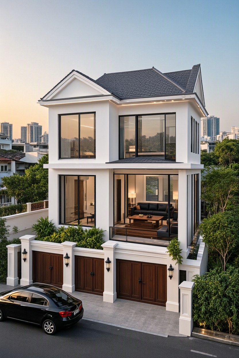 Ảnh AI chỉnh sửa: Nhà mái Thái phong cách hiện đại tối giản với mái ngói xám, tường bê tông trắng trơn, khung cửa kính lớn mở ra ban cảnh | V.AI STUDIO