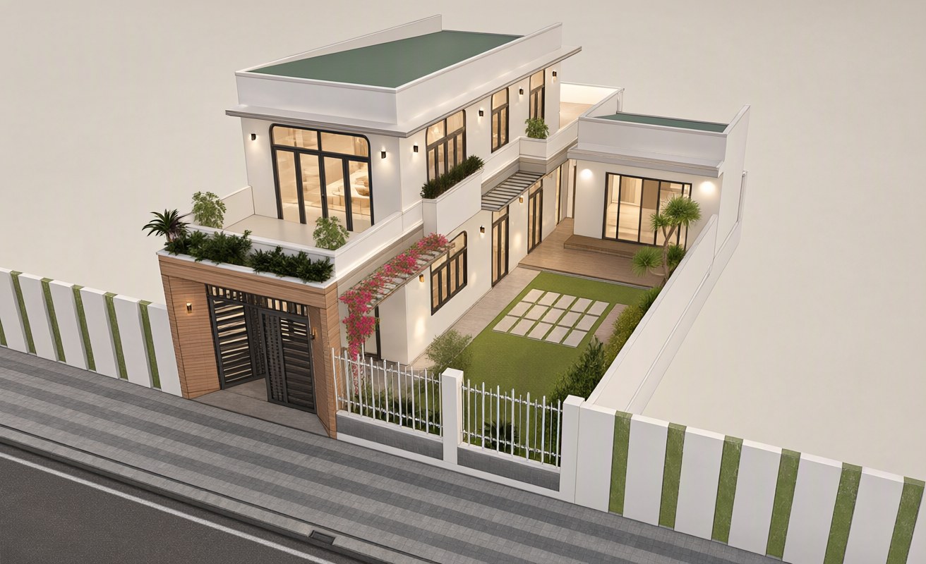 Ảnh AI chỉnh sửa: Góc nhìn cận cành vào tầng trệt của ngôi nhà. phòng rộng rãi thoáng sáng với ánh sáng tự nhiên dịu nhẹ, bảng màu tinh tế | V.AI STUDIO