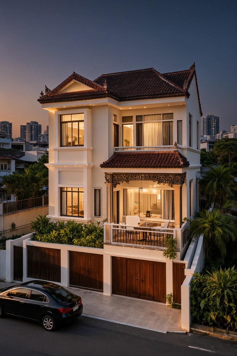 Ảnh AI chỉnh sửa: Chuyển sang trời tối có đèn LED. phòng rộng rãi thoáng sáng với ánh sáng tự nhiên dịu nhẹ, bảng màu tinh tế ấm áp, vật li | V.AI STUDIO