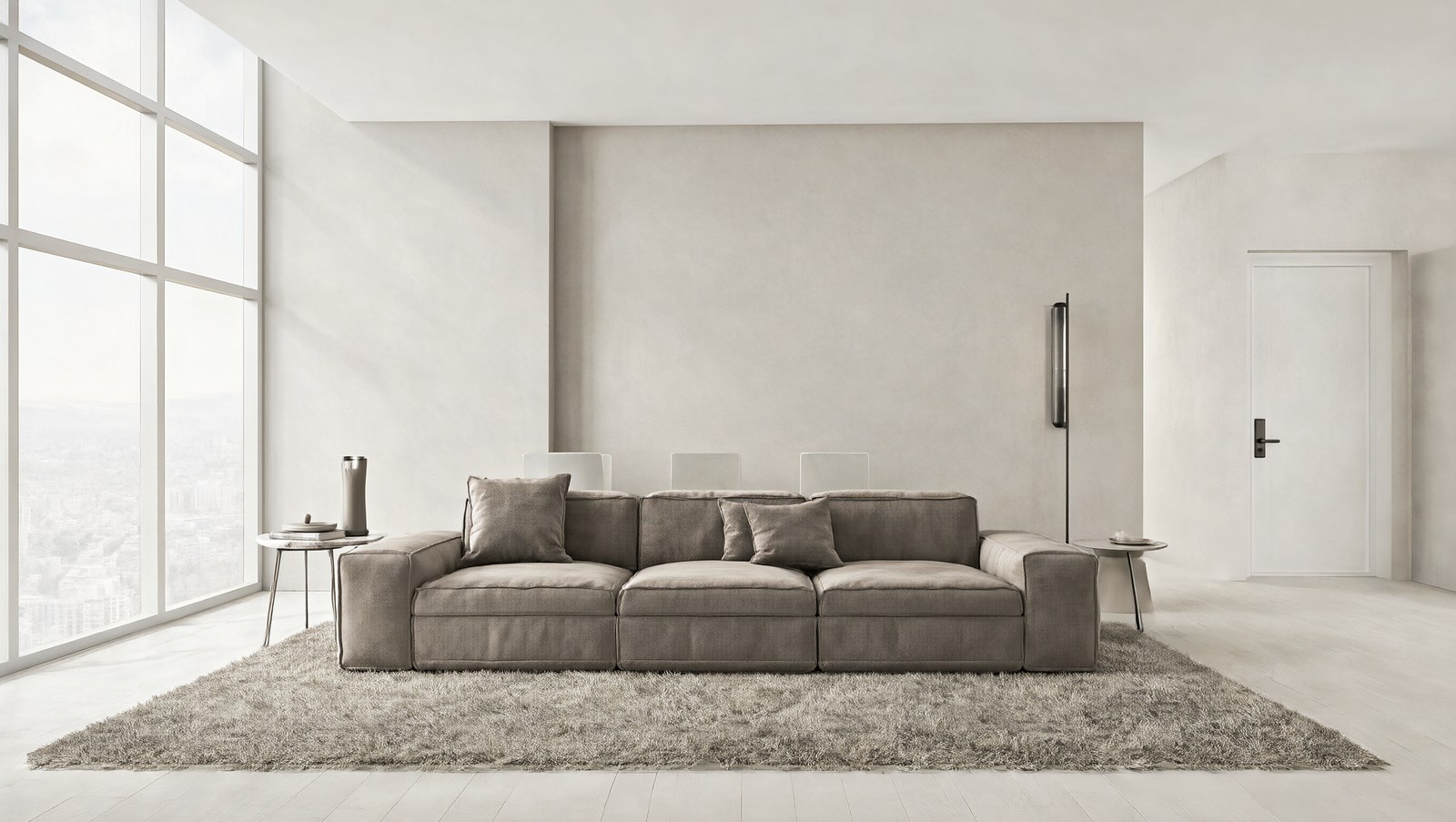 Ảnh AI tạo: phòng khách hiện đại tối giản, sofa be, ánh sáng tự nhiên