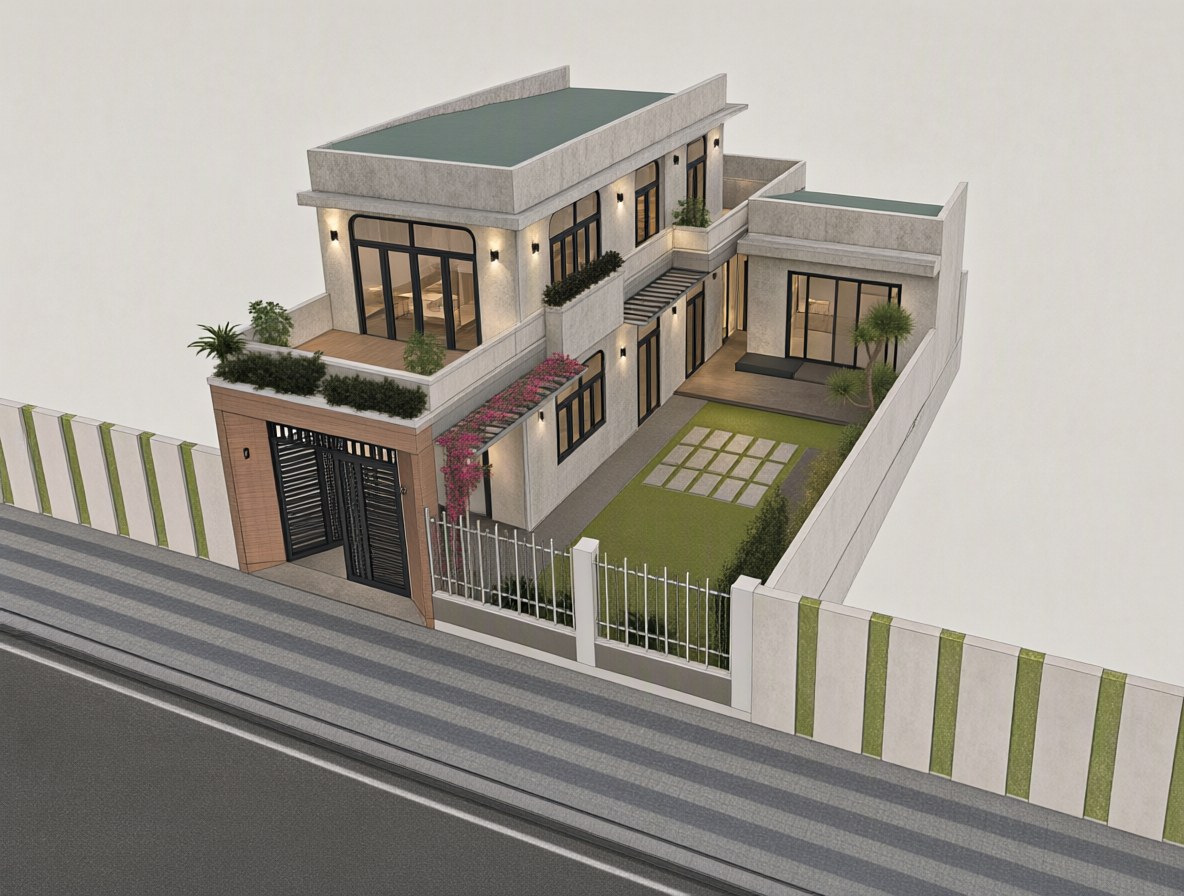 Ảnh AI chỉnh sửa: Căn nhà thực tế kiến trúc hiện đại nằm trên mảnh đất rộng lớn, mái nhà cao chóc với mái chéo, tường bê tông thô lộ, cửa s | V.AI STUDIO